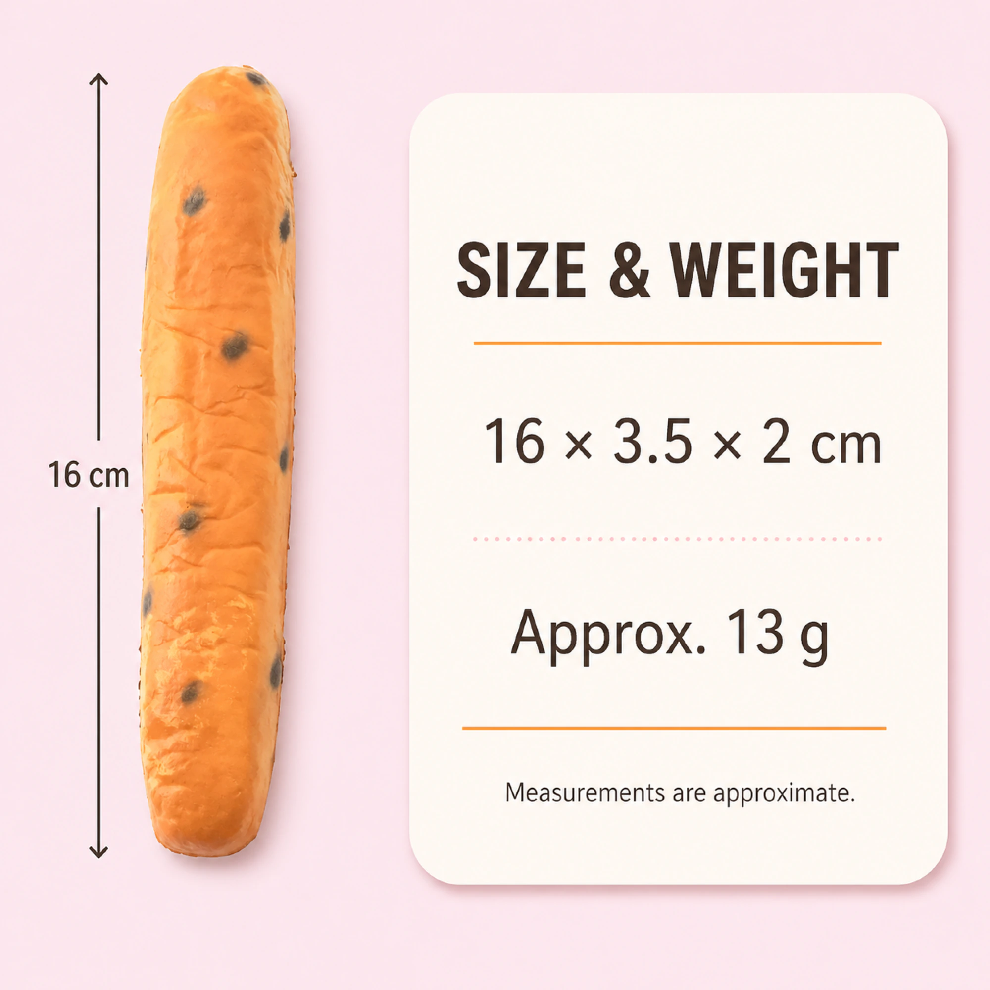 Gepunktetes Baguette-Squishy 16 cm — mit Produktangaben