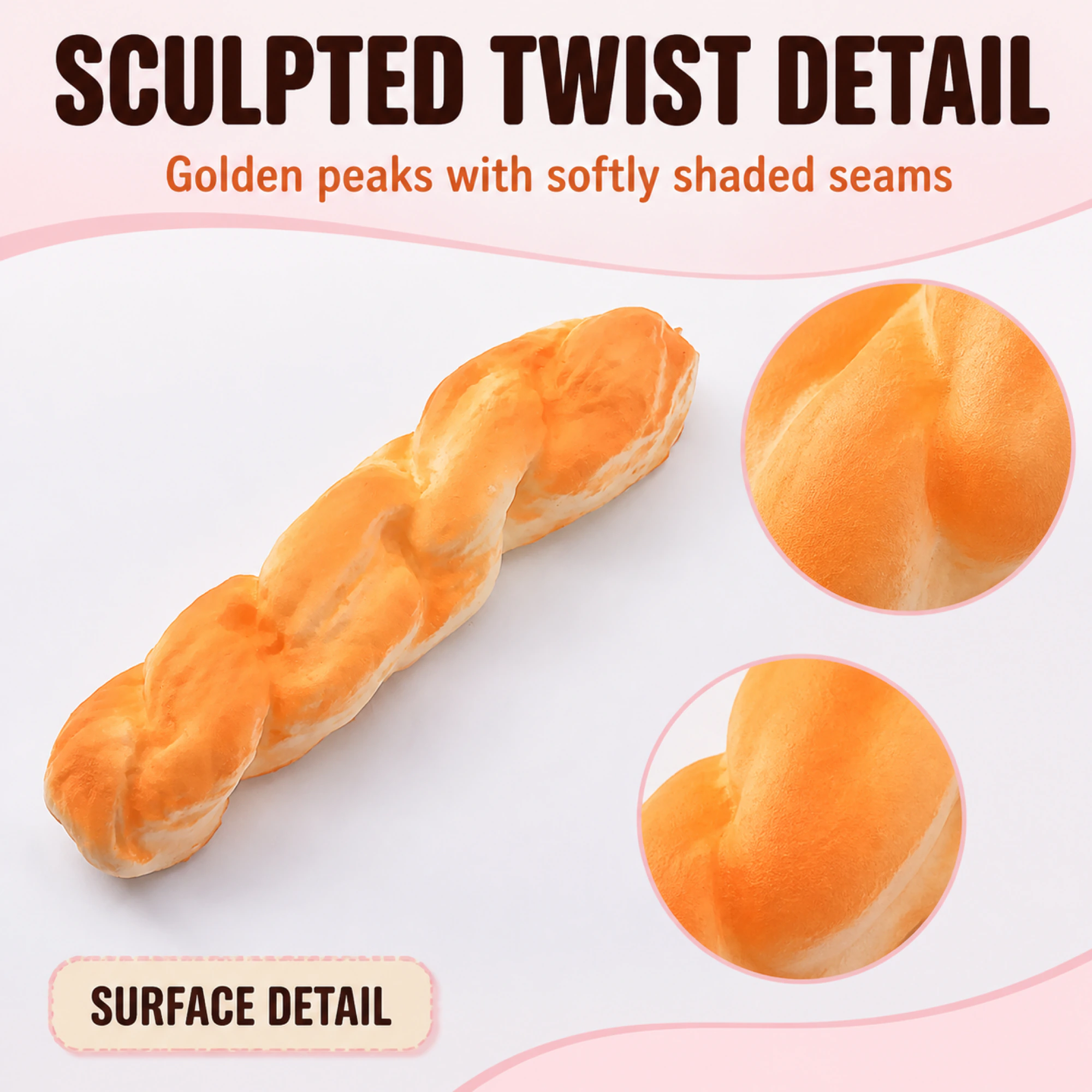 20 cm Twisted Bread Squishy close view of the outer surface and sculpted details