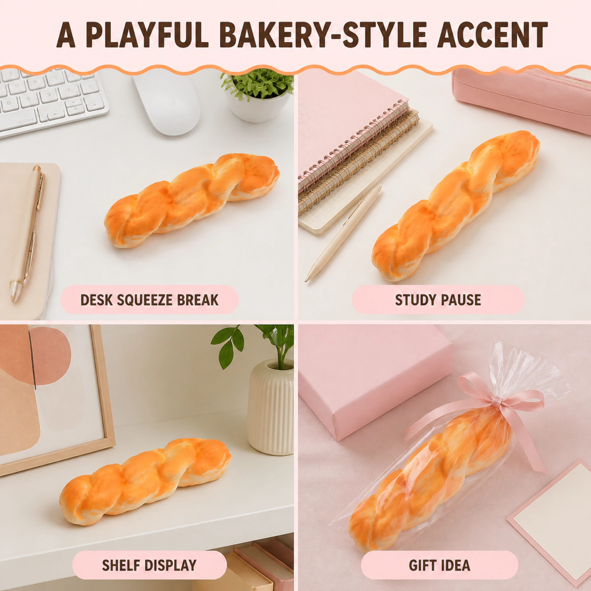 20 cm Twisted Bread Squishy shown in desk break, study, shelf display and gift scenes