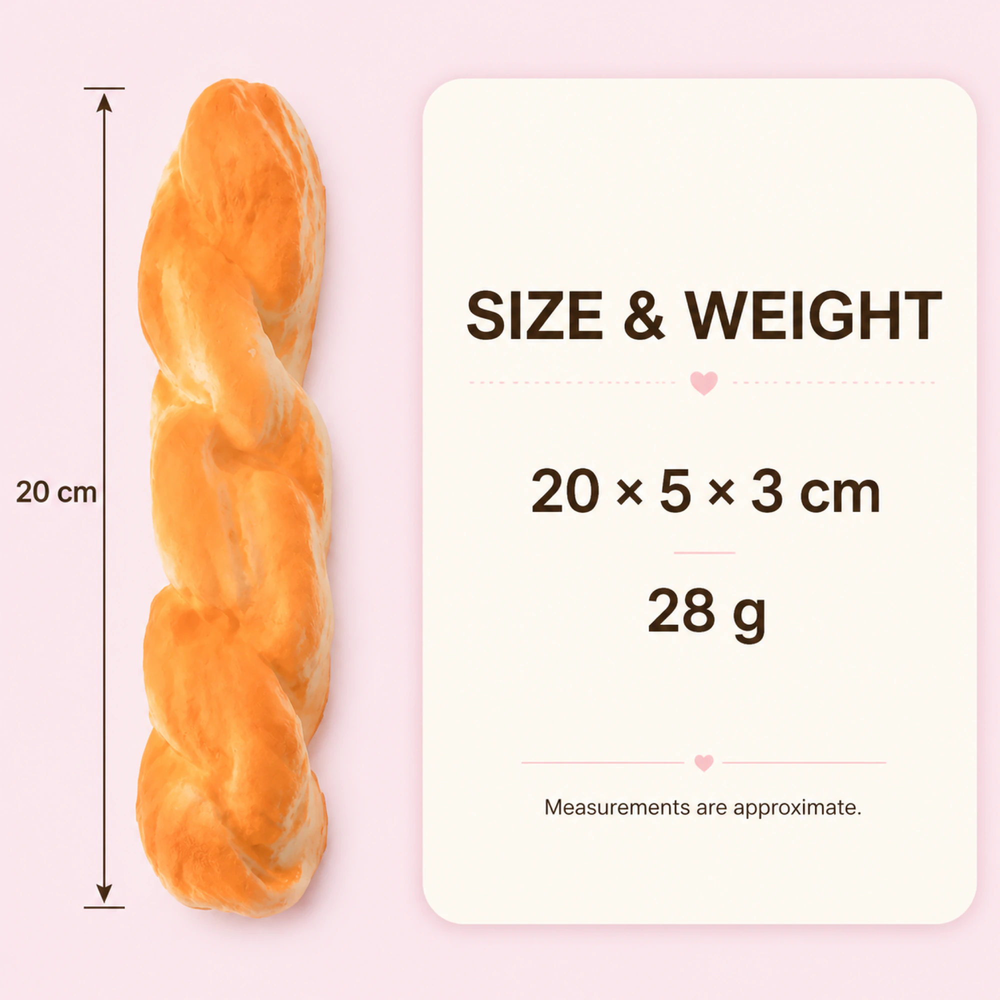 20 cm Twisted Bread Squishy specification card with supplied approximate size and weight details