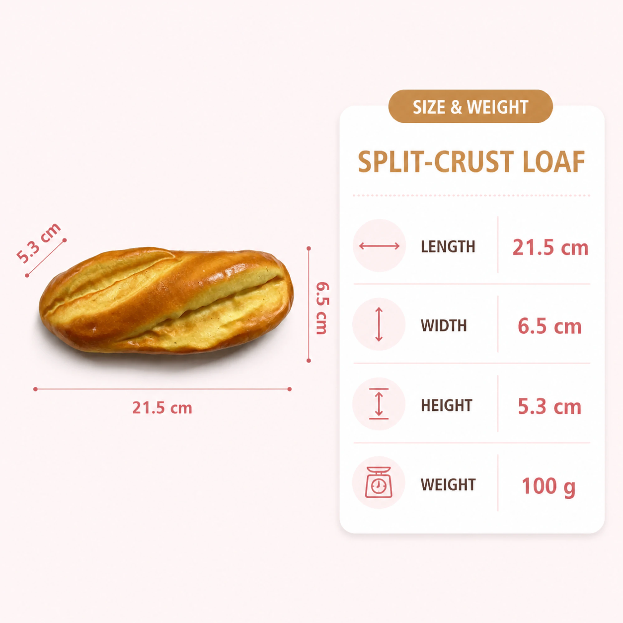 Pan francés squishy de corteza abierta de 21,5 cm — con ficha de especificaciones