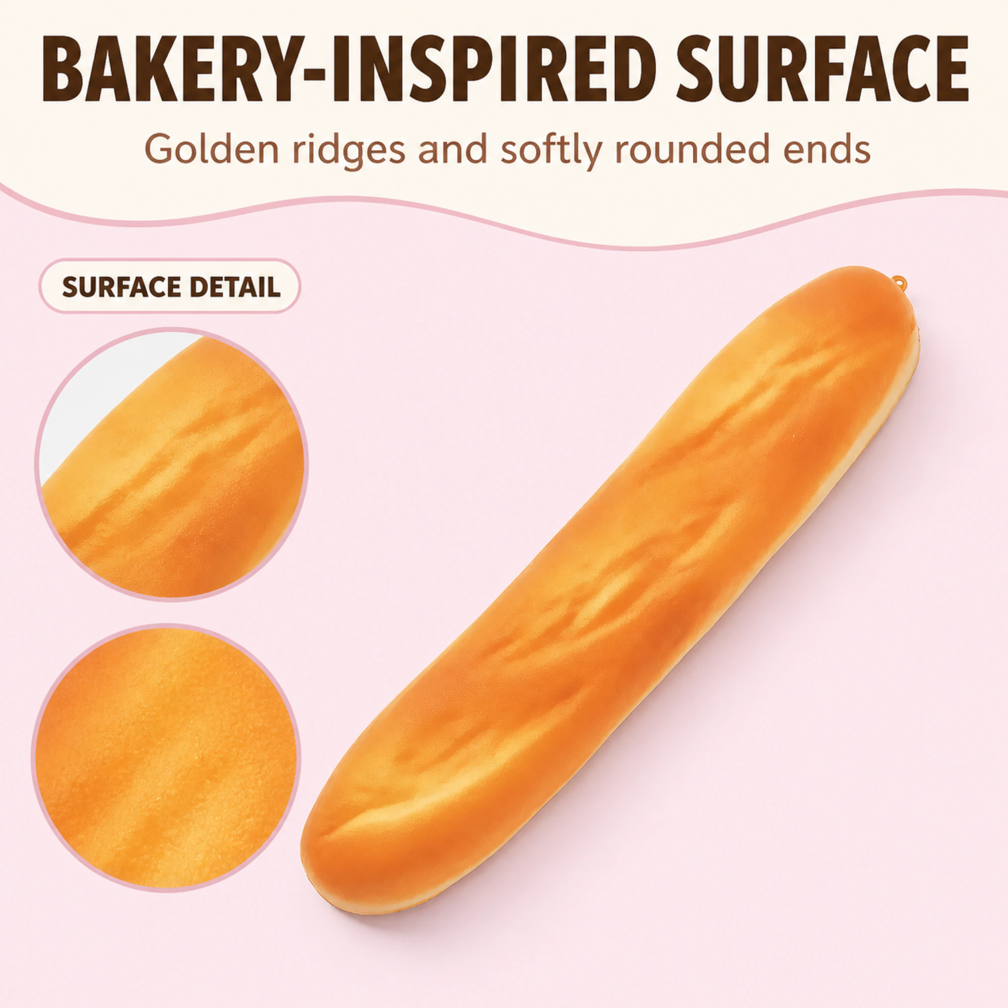29 cm Long Baguette Squishy close view of the outer surface and sculpted details
