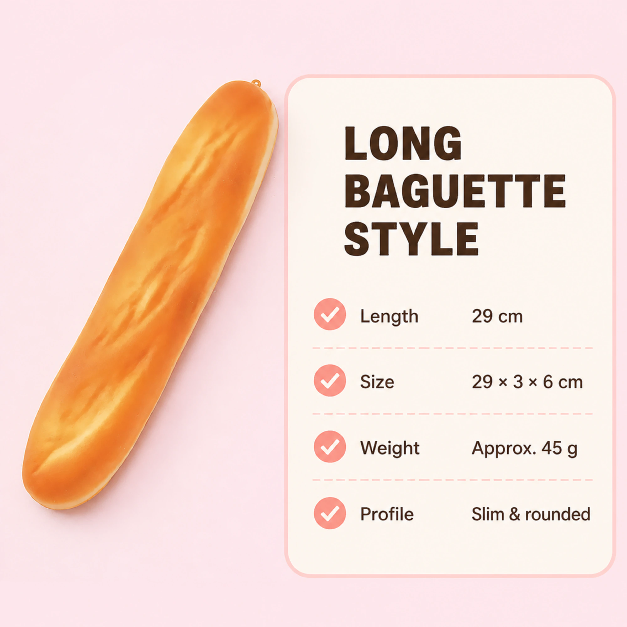 29 cm Long Baguette Squishy design details and full-shape overview