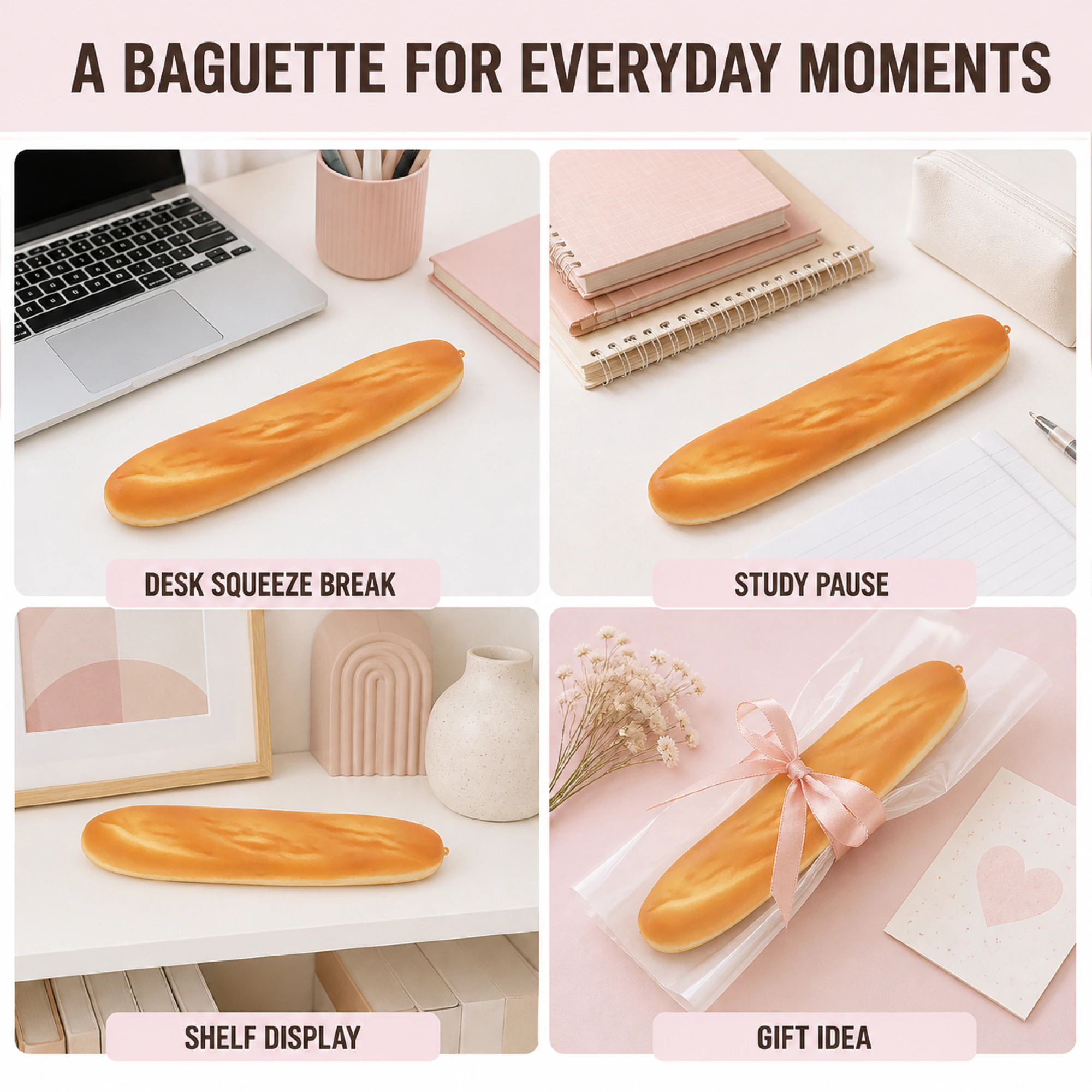 29 cm Long Baguette Squishy shown in desk break, study, shelf display and gift scenes