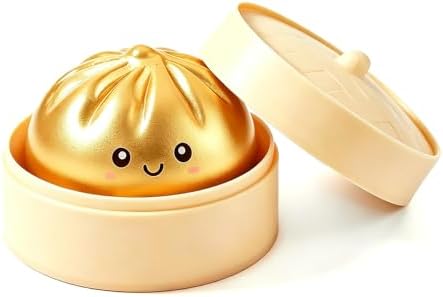 Golden Dumpling Squishy in Steamer Basket, Cute Smiley Toy