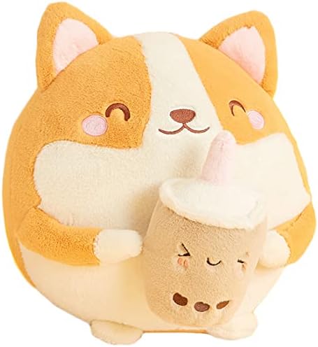 Corgi Boba Squishy Plush, Kawaii Puppy Hugging Milk Tea Cup