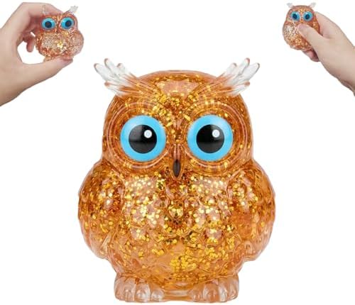 Sensory Owl Squishy Orange Glitter Squeeze Stress Toy