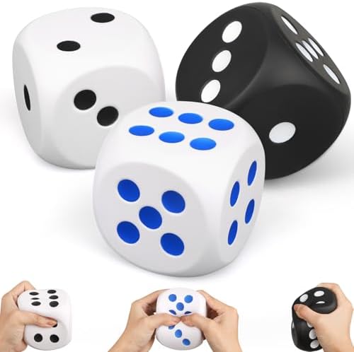 Jumbo Dice Squishy 3-Pack, White Black Blue Foam Stress Dice