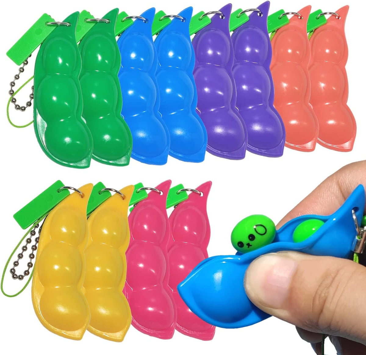 12 Pack Colorful Soybean Squishy Pea Pod Sensory Keychains