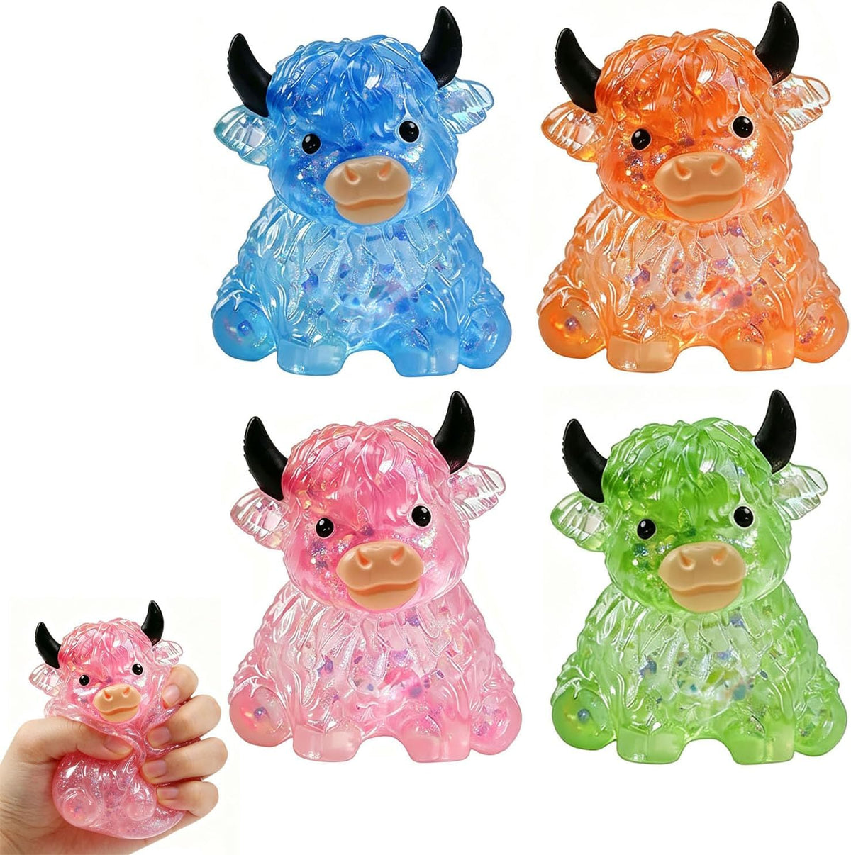 4 Pack Cow Squishy Crystal Jelly Bead Stress Relief Toy Set