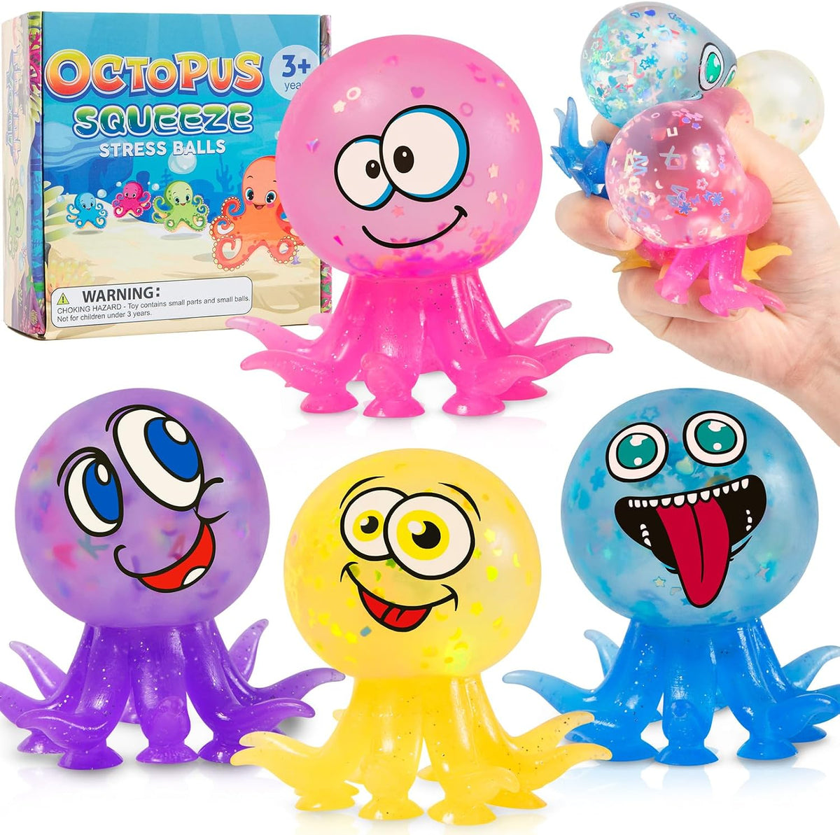Funny Face Octopus Squishy, 4 Pack Goofy Stress Balls
