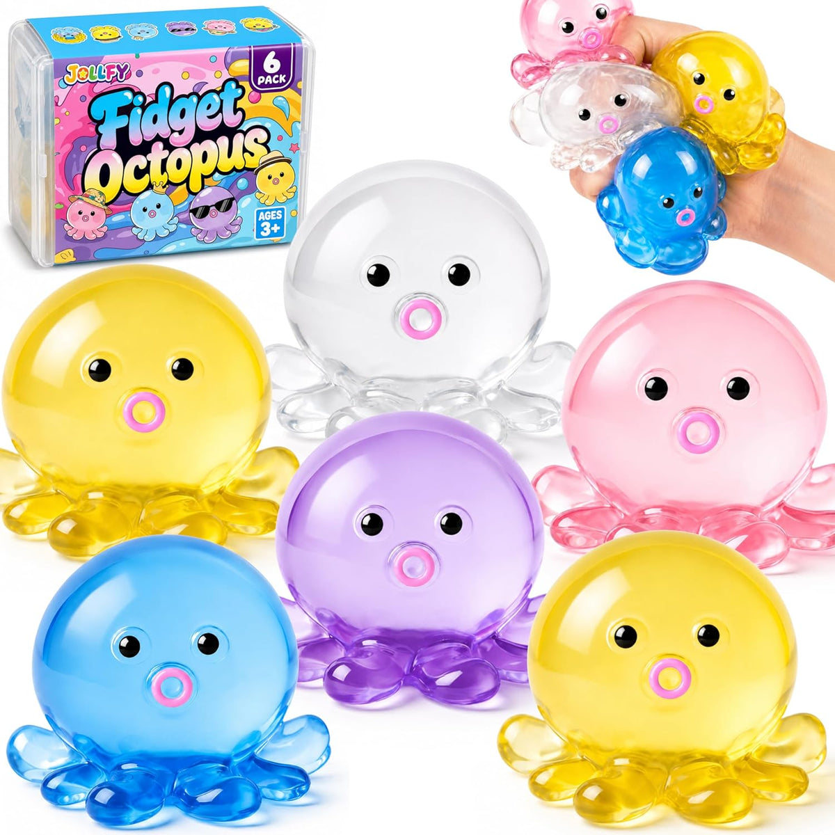 6 Pack Octopus Squishy, Jelly Squeeze Sensory Fidget Set