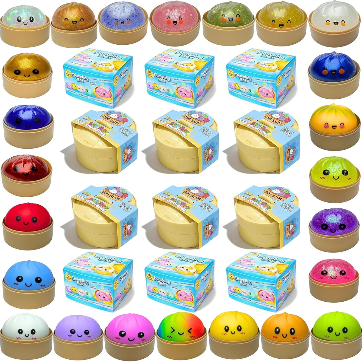 Collectible dumpling squishies in steamer desk decor