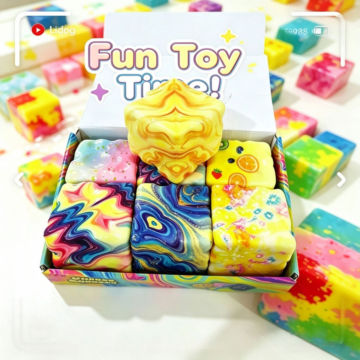 Set of eight assorted cheese block squishies in a box