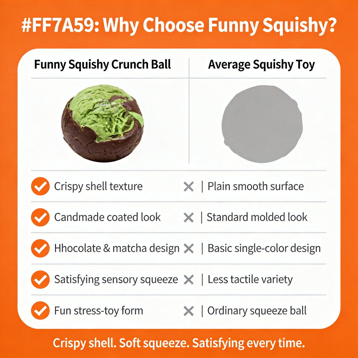 Crispy shell chocolate squishy size comparison in hand, palm-sized fidget toy