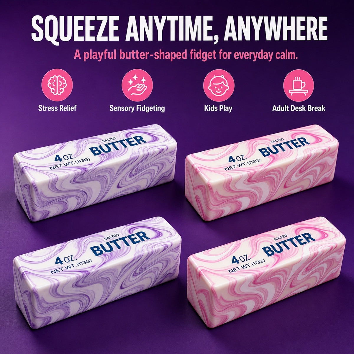 Squishy butter use occasions: stress relief, sensory fidgeting, kids play, adult desk break