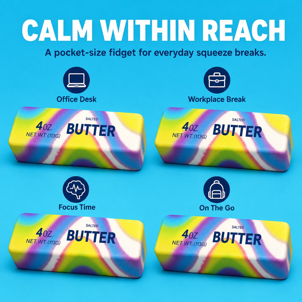 Rainbow butter squishy use occasions: office desk, workplace break, focus time, on the go