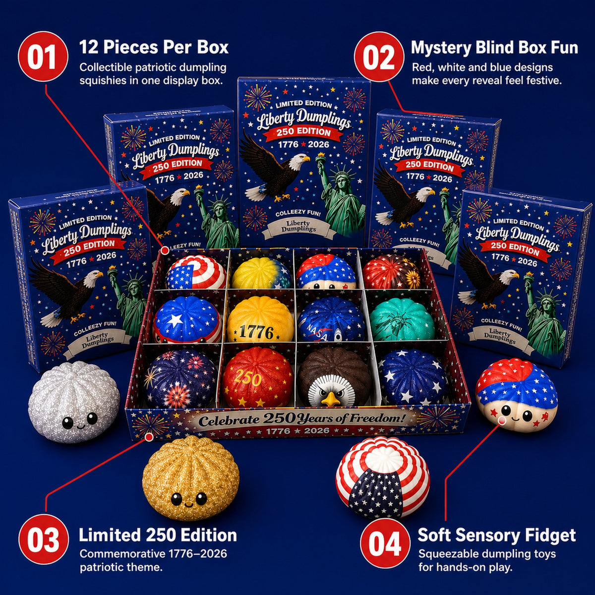Liberty Dumplings features: 12 pieces per box, mystery blind box fun, limited 250 edition, soft sensory fidget