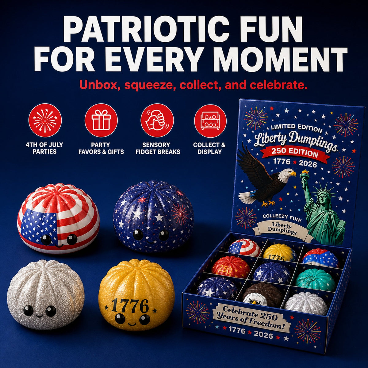 Patriotic dumpling squishy use occasions: 4th of July parties, party favors, sensory fidget breaks, collecting