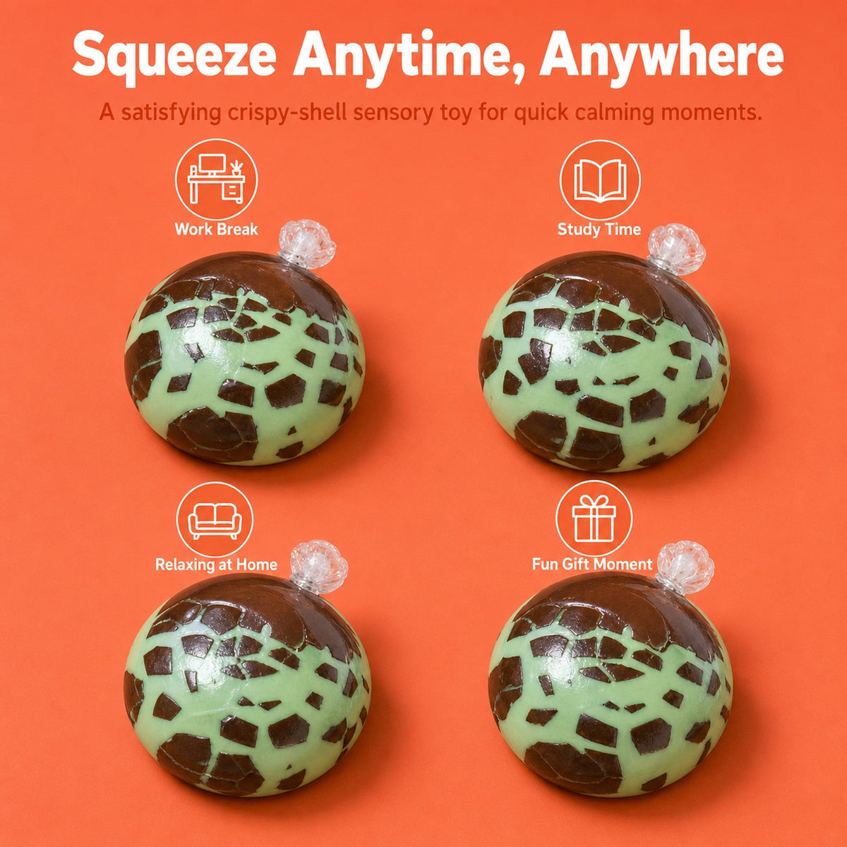 Crispy shell chocolate squishy on a desk as an everyday stress-relief fidget