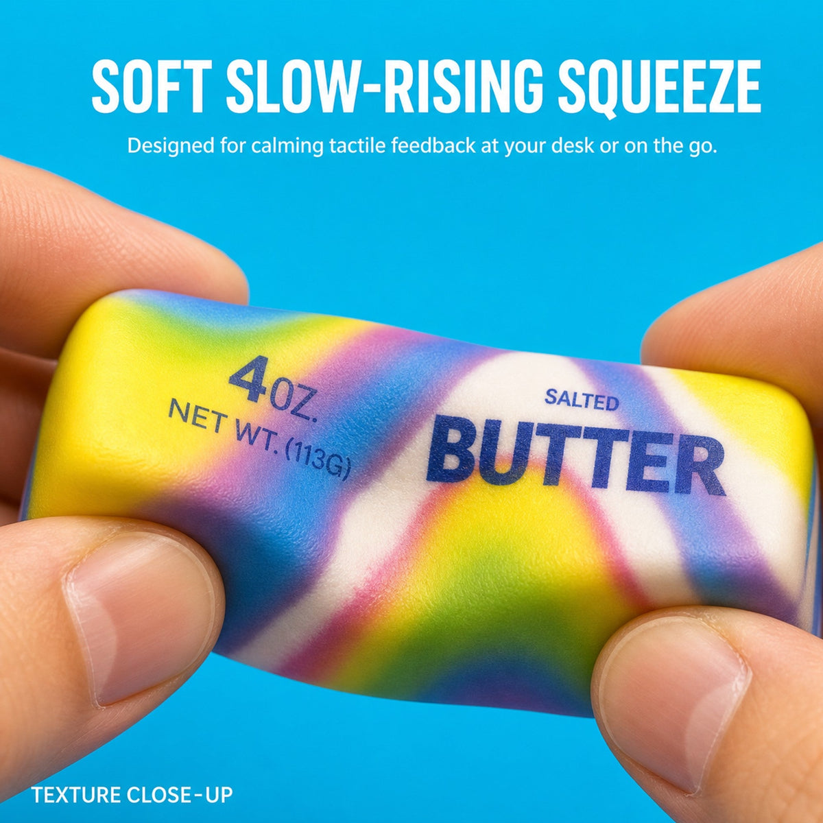 Hands squeezing the soft slow-rising rainbow butter squishy at a desk