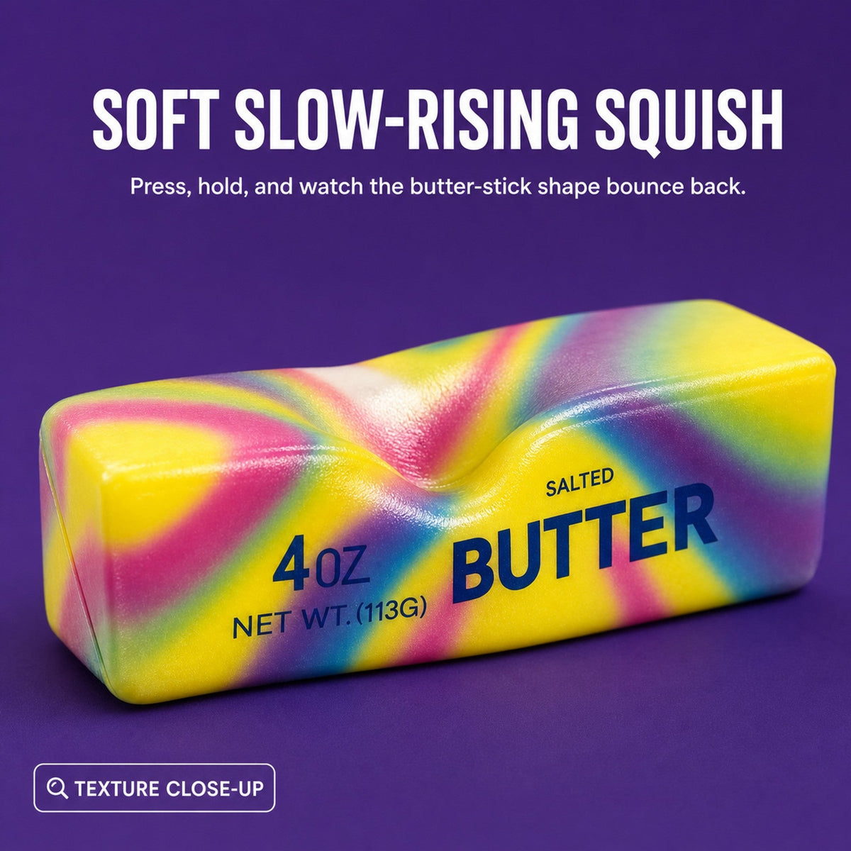 Soft slow-rising butter squishy texture close-up showing the squeeze dent