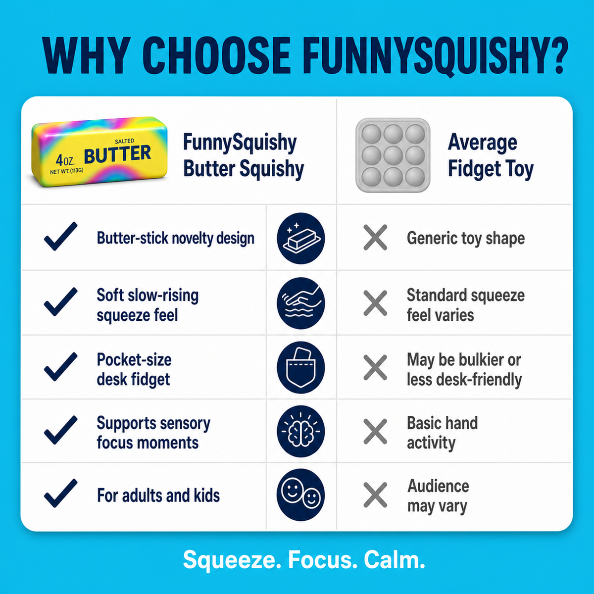 Why choose FunnySquishy rainbow butter squishy vs an average fidget toy