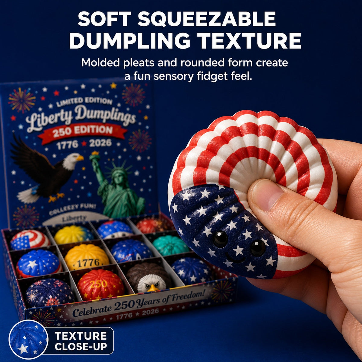 Soft squeezable patriotic dumpling squishy texture close-up being pressed by a hand