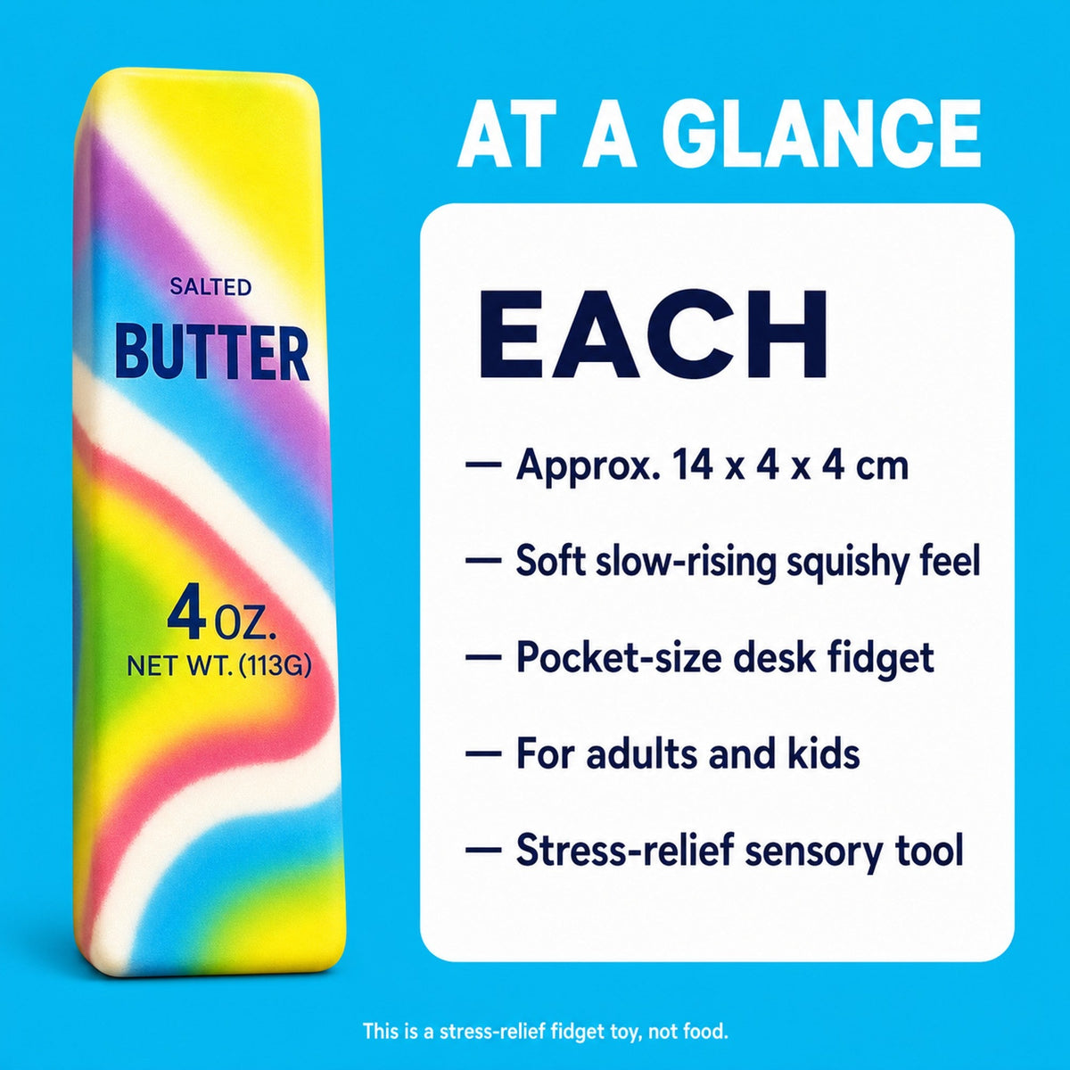 Rainbow butter squishy at-a-glance specs: 14x4x4 cm, slow-rising, pocket-size desk fidget