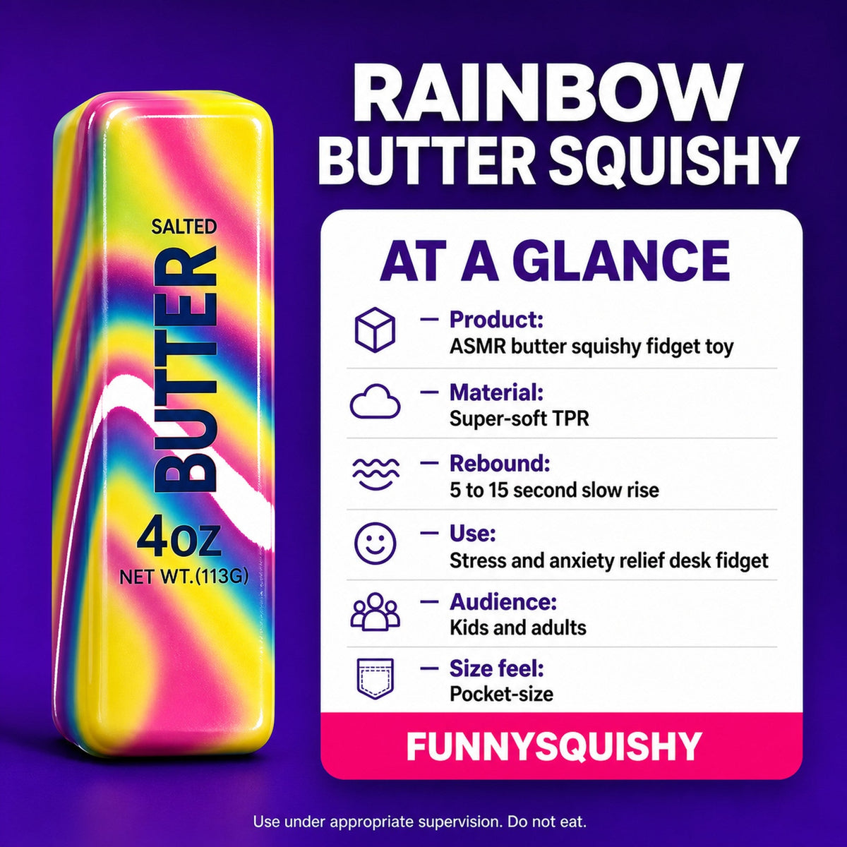 Rainbow butter squishy at-a-glance specs: ASMR fidget toy, super-soft TPR, 5-15 second slow rise