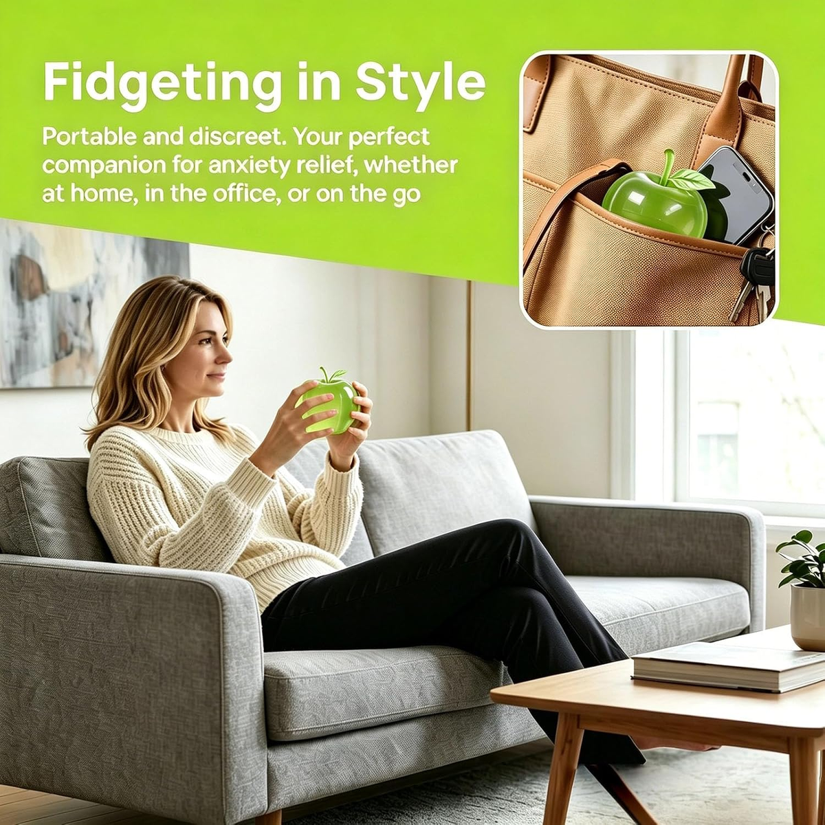 Woman relaxing on a couch squeezing the green apple squishy, with an inset of it carried in a tote bag