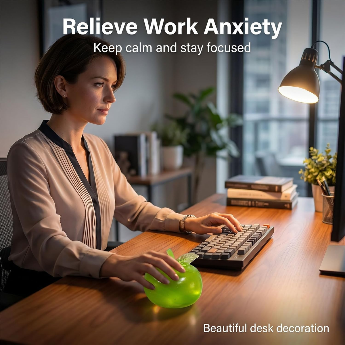Woman at an office desk keeping the green apple squishy next to her keyboard