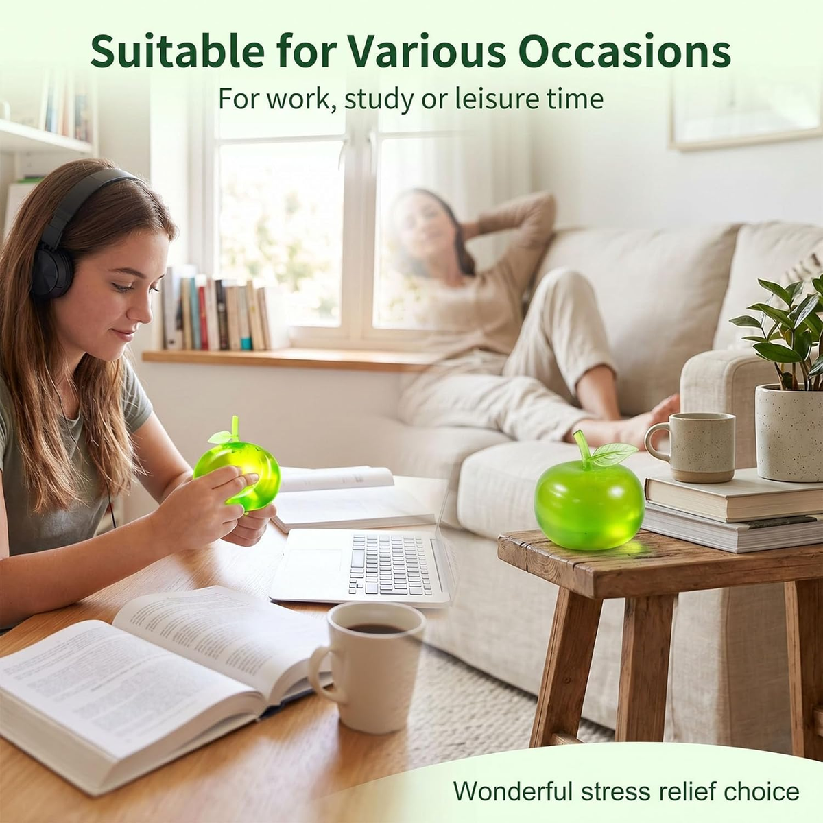 Students using the green apple squishy while studying and relaxing at home