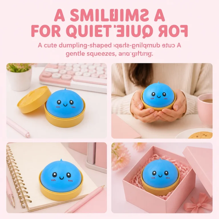 Soothing azure blue dumpling squishy resting on nightstand bedding