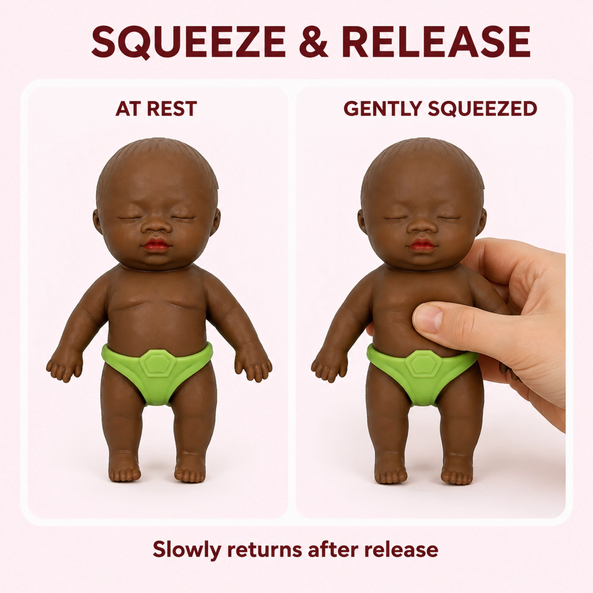 The same baby doll squishy at rest and gently squeezed