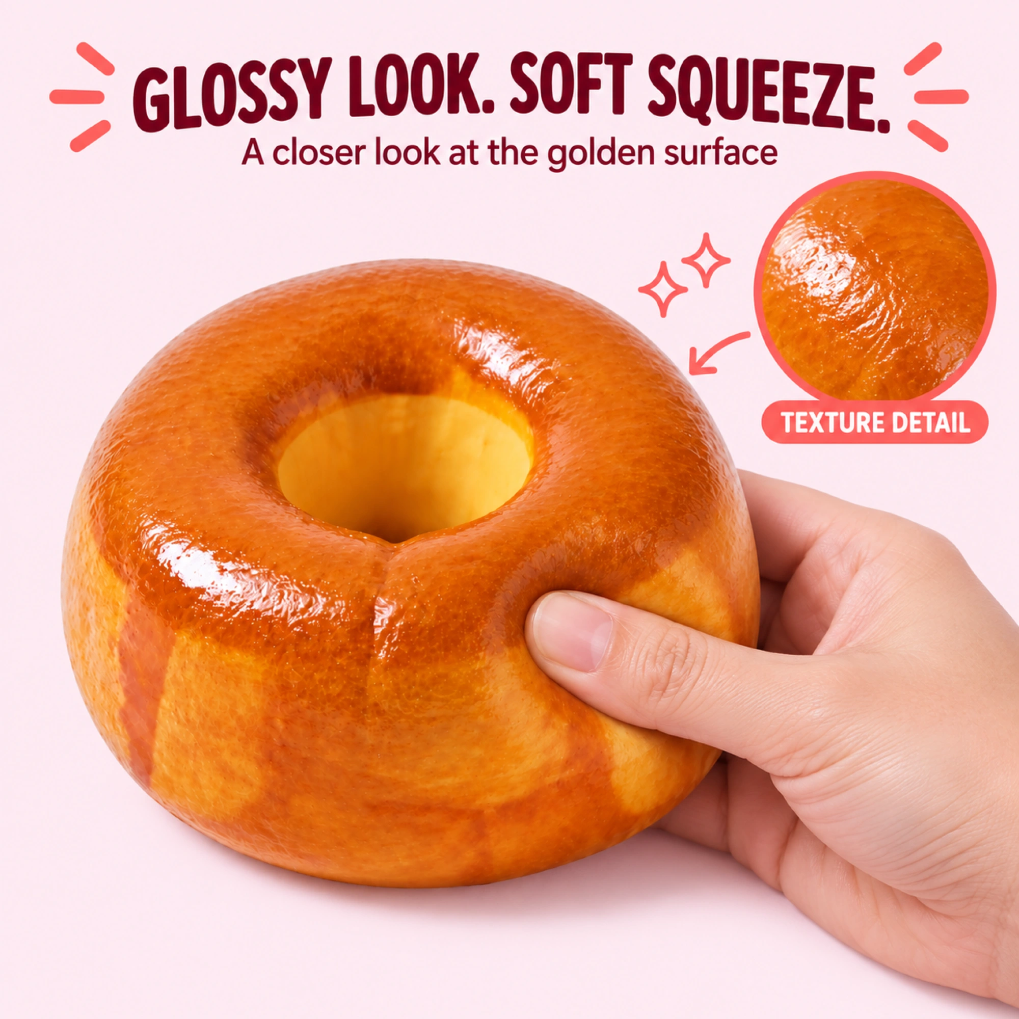 Bagel squishy — glossy exterior texture and gentle squeeze close-up