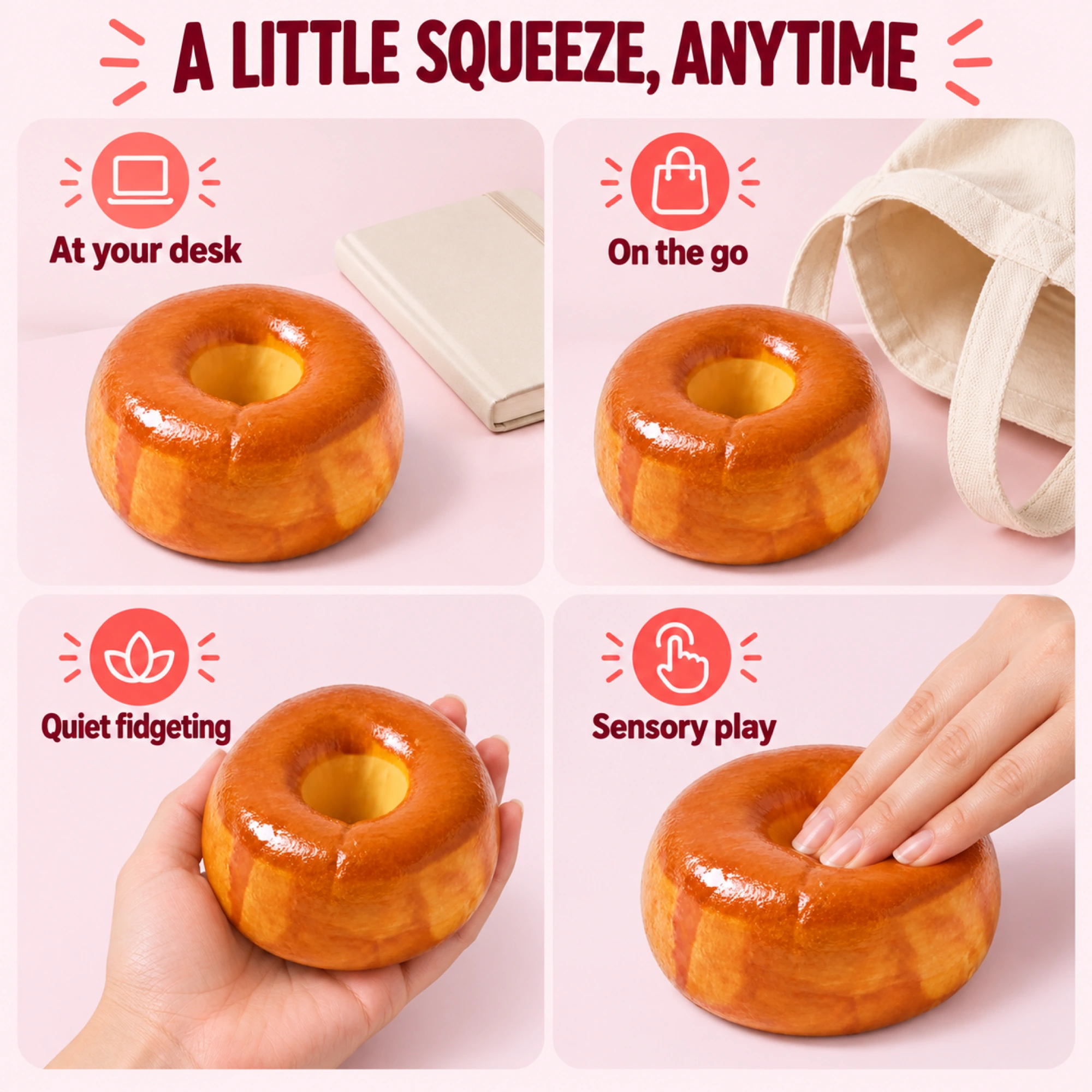 Bagel squishy — separate desk, hand-held, quiet fidget and sensory play scenes