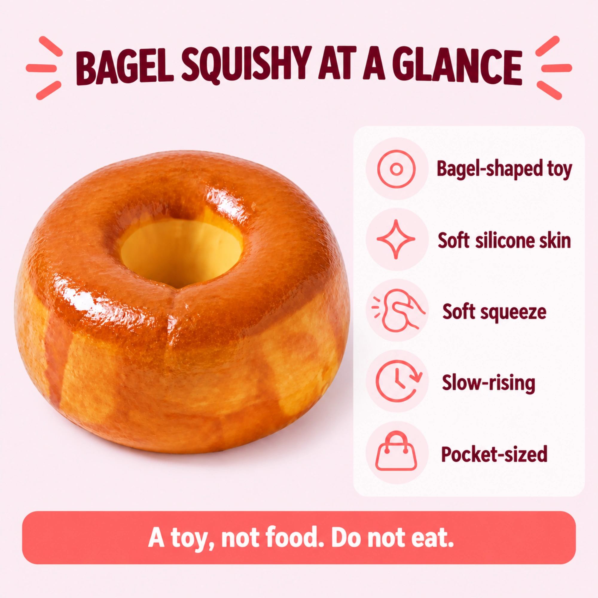 Bagel squishy — glossy golden, soft slow-rising pocket-sized toy facts