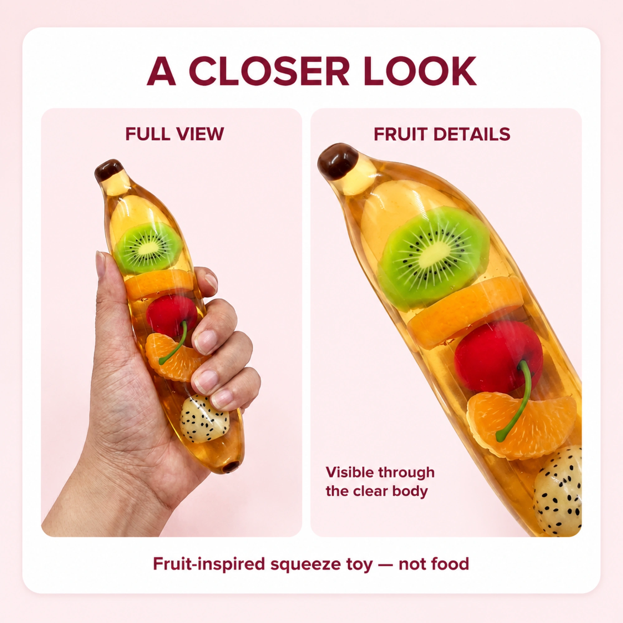 Full view and visible decorative fruit details of the crystal banana squishy