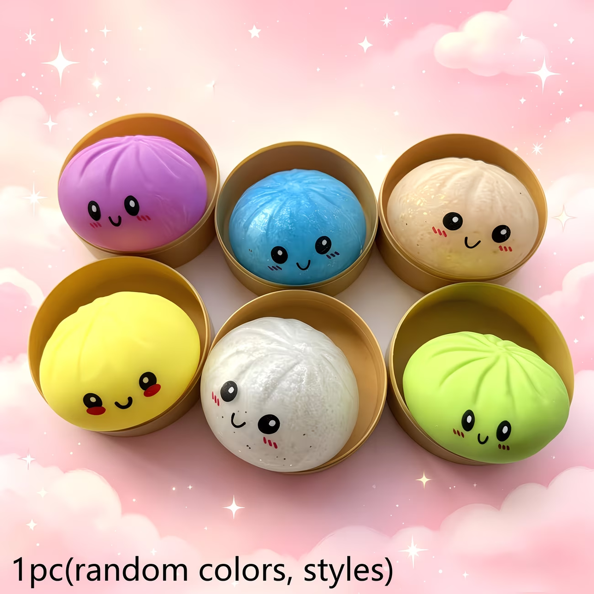 Six baozi bun squishies in steamer cups, random colors and styles