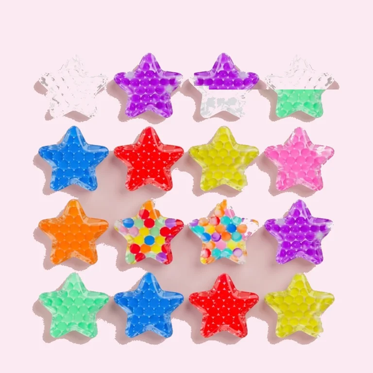 Close-up of a translucent star-shaped ball filled with round beads