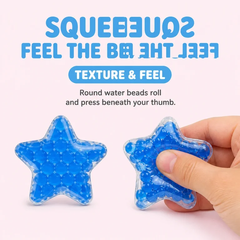 Mini star water-bead squishies shown together before packing for airport screening