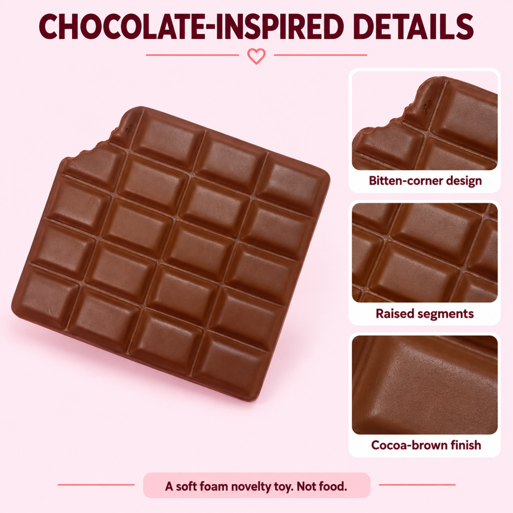 Cocoa-brown bitten chocolate bar squishy toy - details