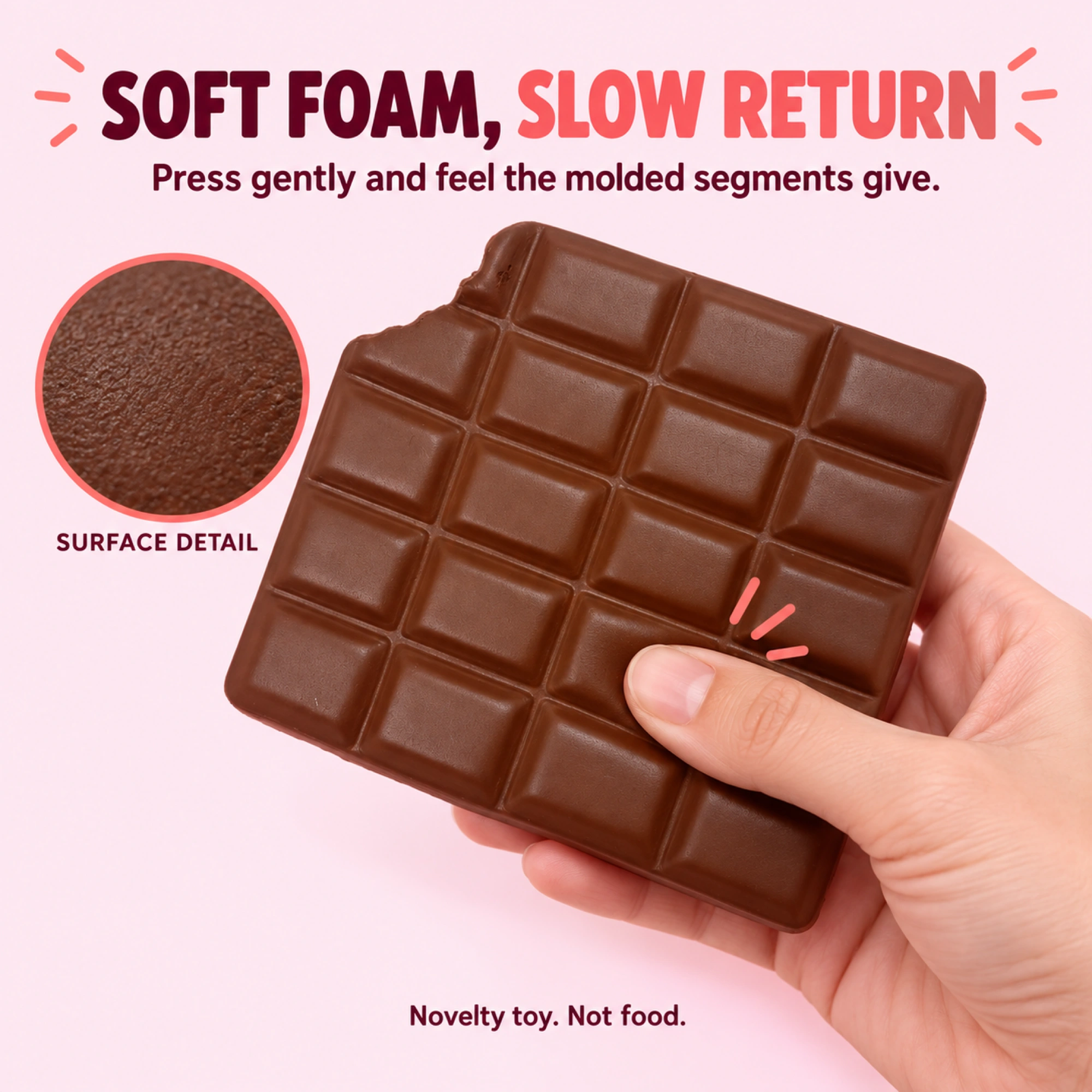 Cocoa-brown bitten chocolate bar squishy toy - inside