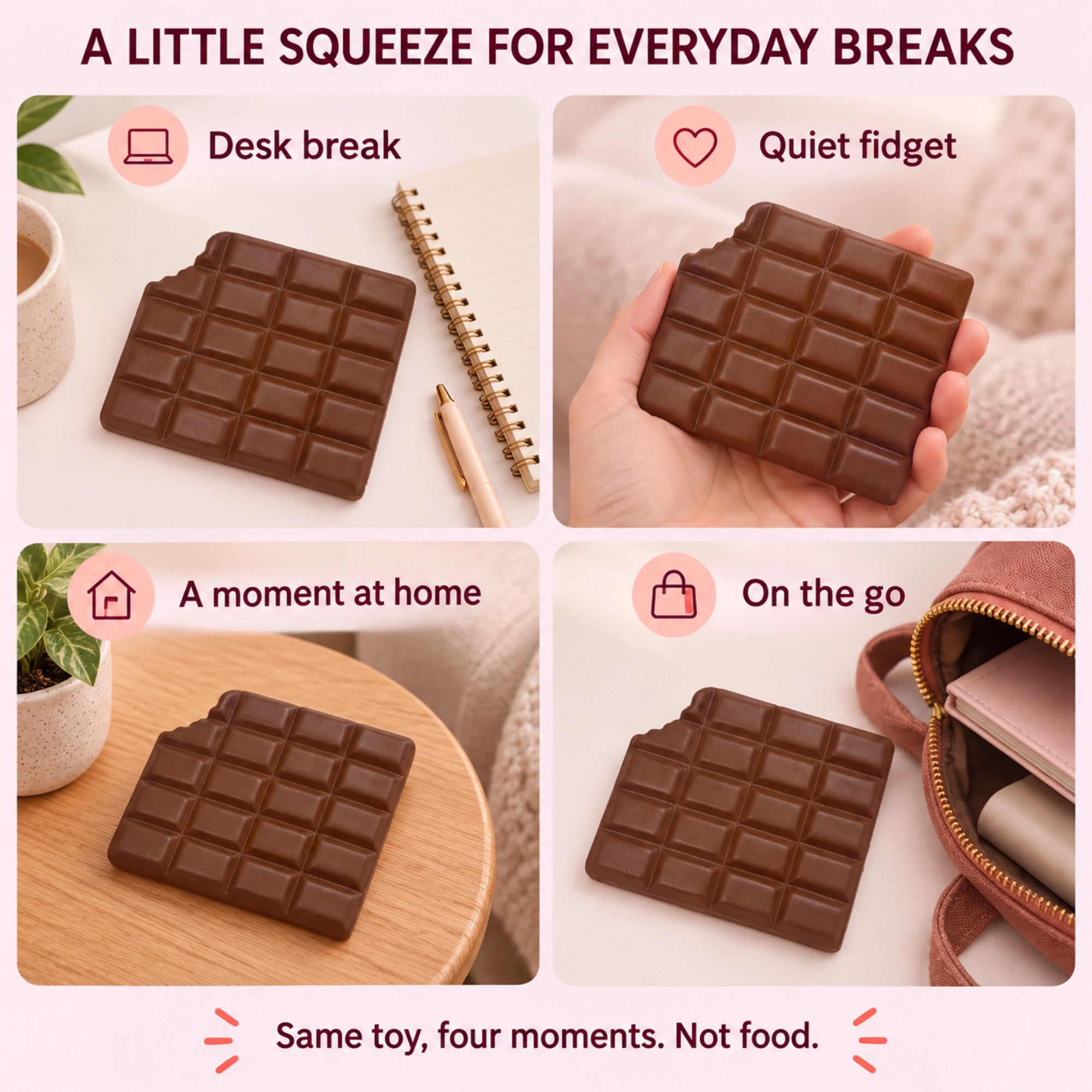 Cocoa-brown bitten chocolate bar squishy toy - lifestyle