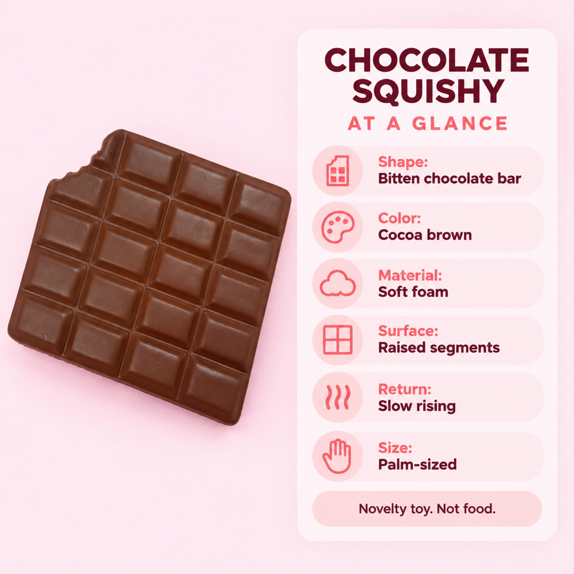 Cocoa-brown bitten chocolate bar squishy toy - spec