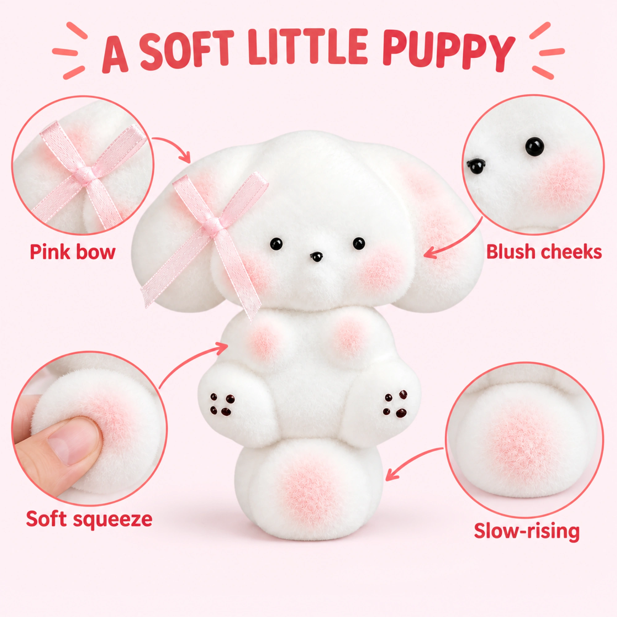Mochi Dog Squishy Soft Puppy with Blush Cheeks and Bow — alternate view