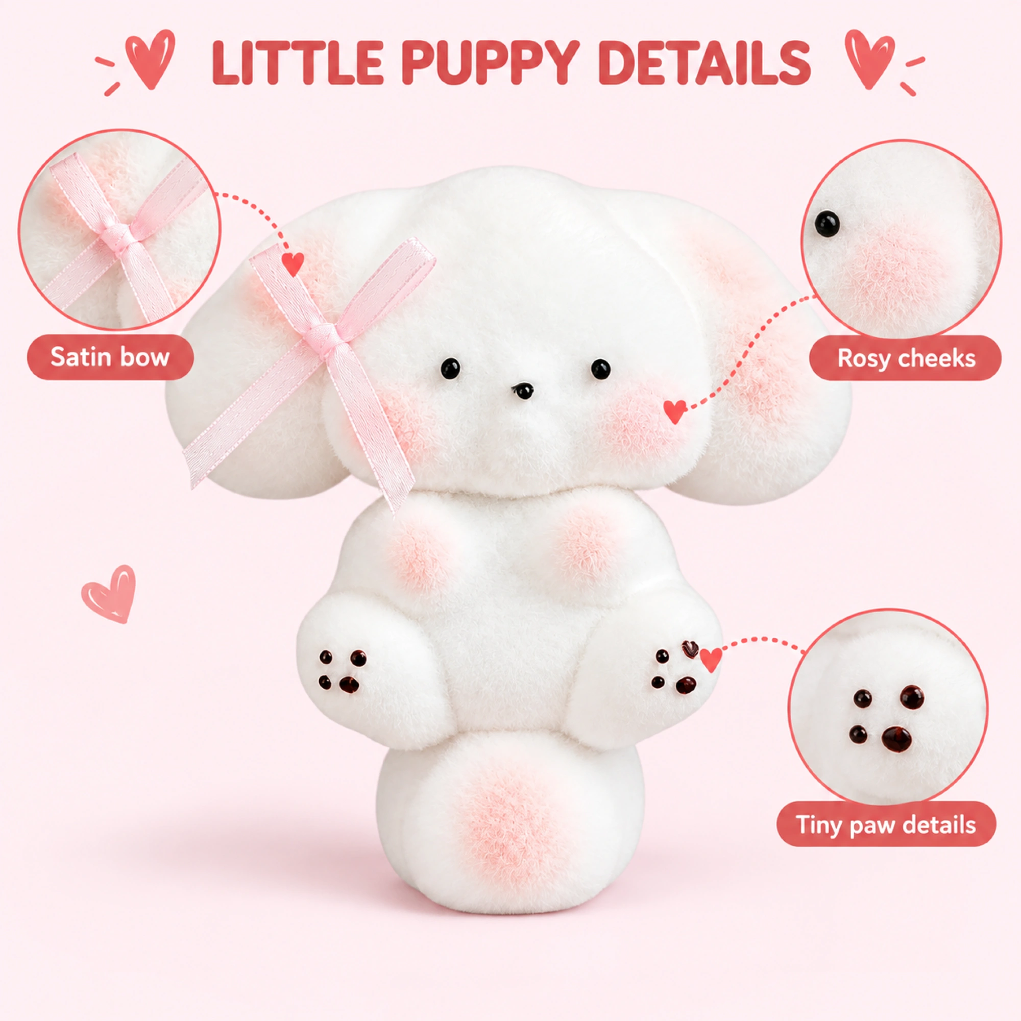 Mochi puppy with blush cheeks and pink bow — details