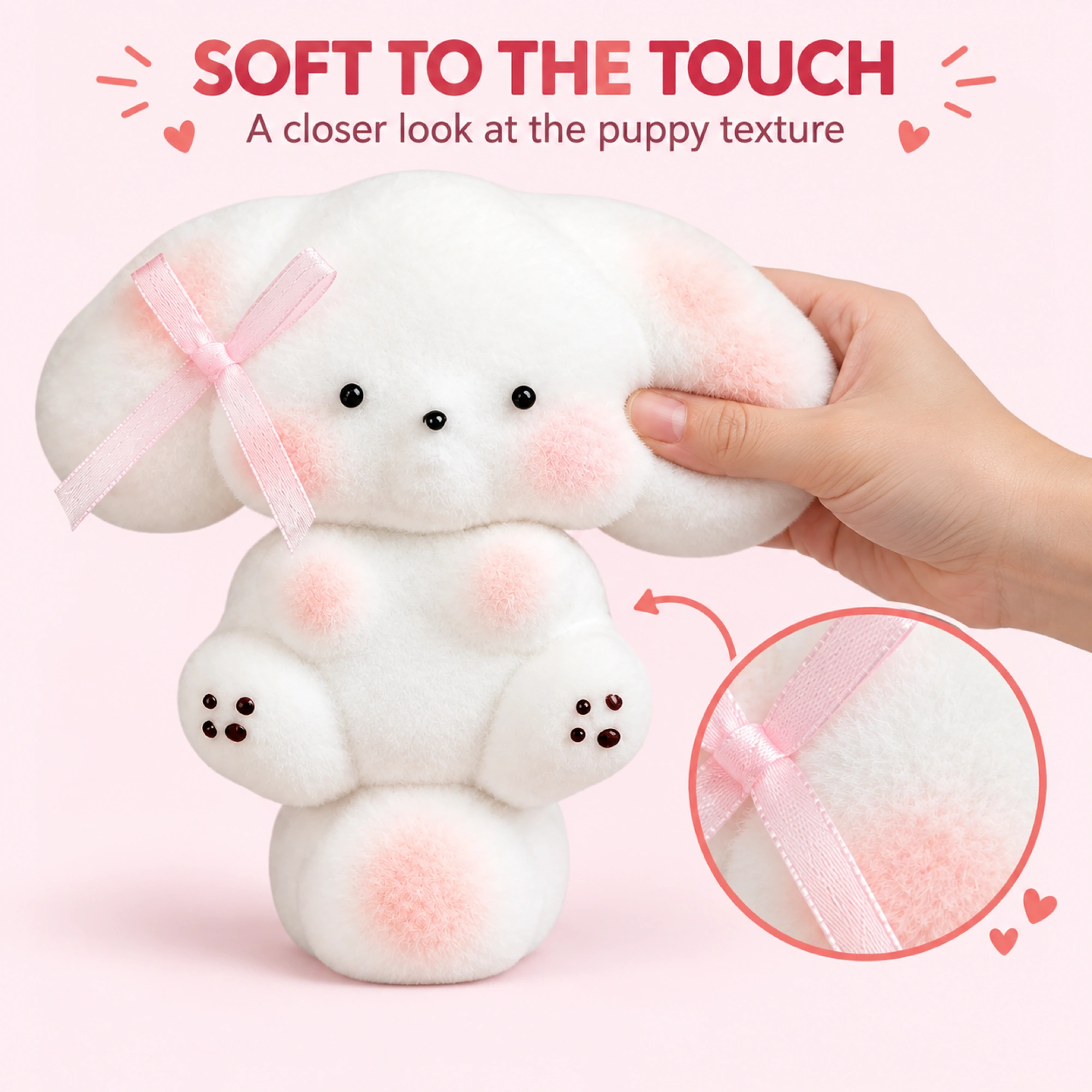 Mochi puppy with blush cheeks and pink bow — inside