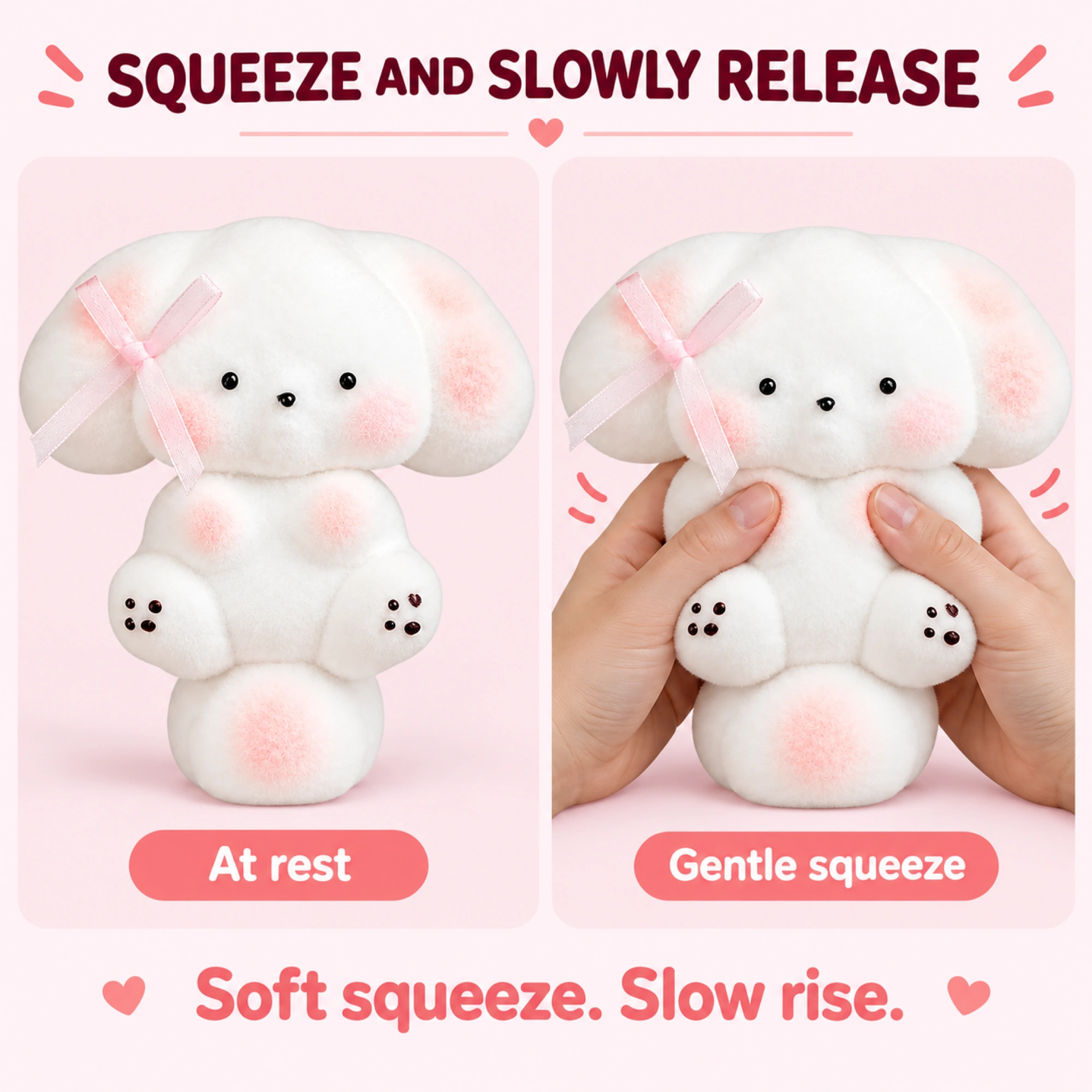 Mochi puppy with blush cheeks and pink bow — comparison
